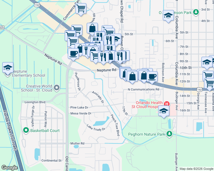 map of restaurants, bars, coffee shops, grocery stores, and more near 1118 Monroe Ave in St Cloud