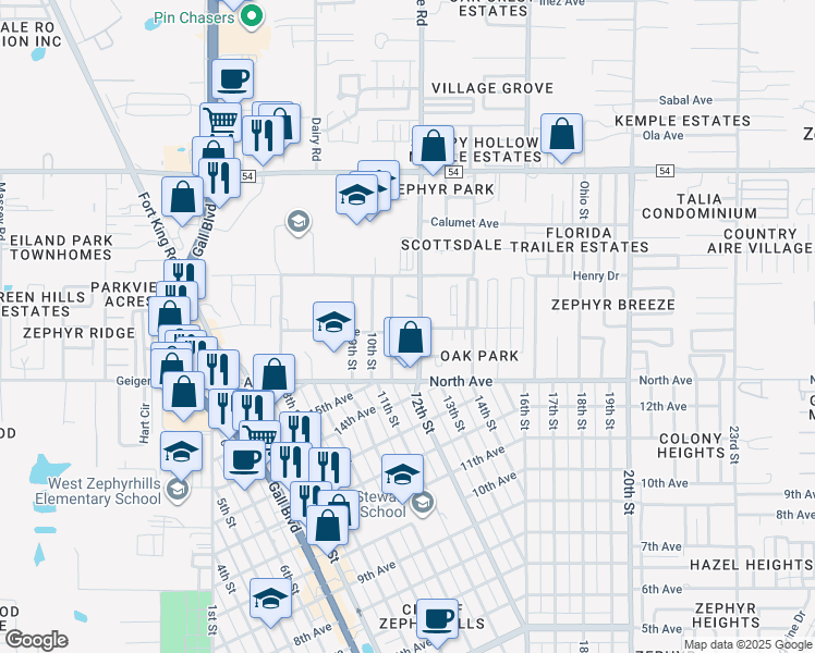 map of restaurants, bars, coffee shops, grocery stores, and more near 38437 18th Avenue in Zephyrhills