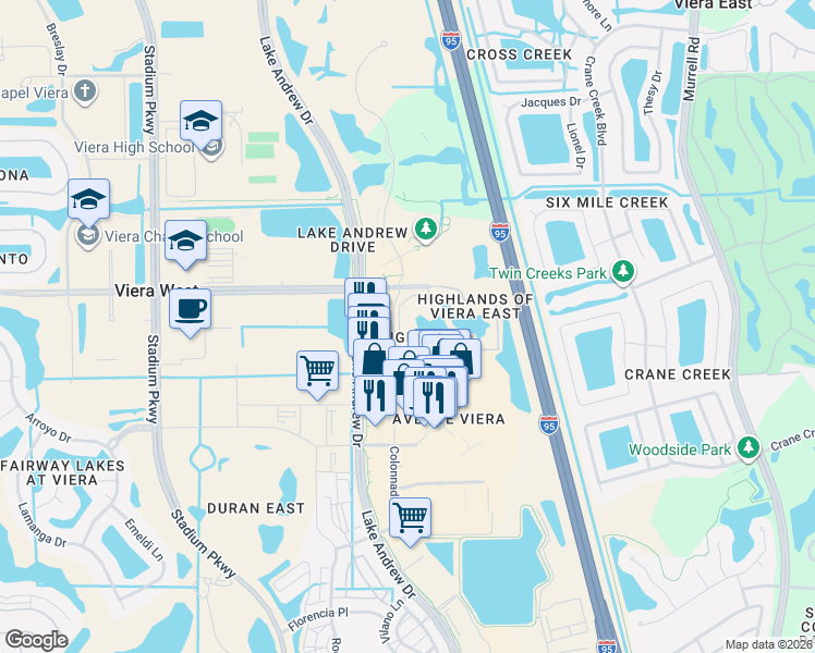 map of restaurants, bars, coffee shops, grocery stores, and more near 6421 Borasco Drive in Melbourne