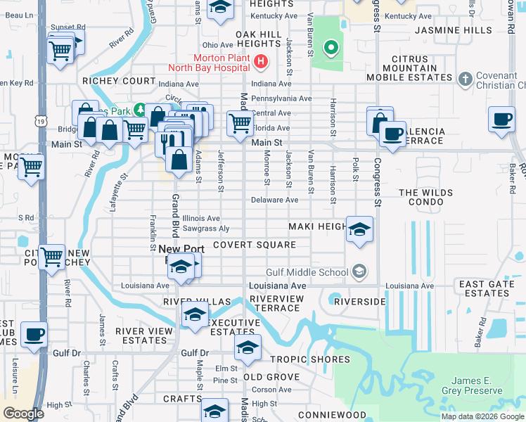 map of restaurants, bars, coffee shops, grocery stores, and more near 6015 Monroe Street in New Port Richey