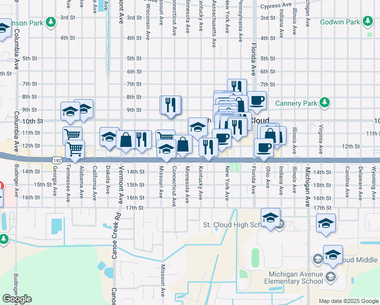map of restaurants, bars, coffee shops, grocery stores, and more near 1524 13th Street in St. Cloud