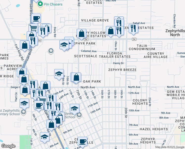 map of restaurants, bars, coffee shops, grocery stores, and more near 6116 Linnet Street in Zephyrhills