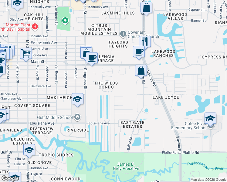 map of restaurants, bars, coffee shops, grocery stores, and more near 6016 Wilds Drive in New Port Richey