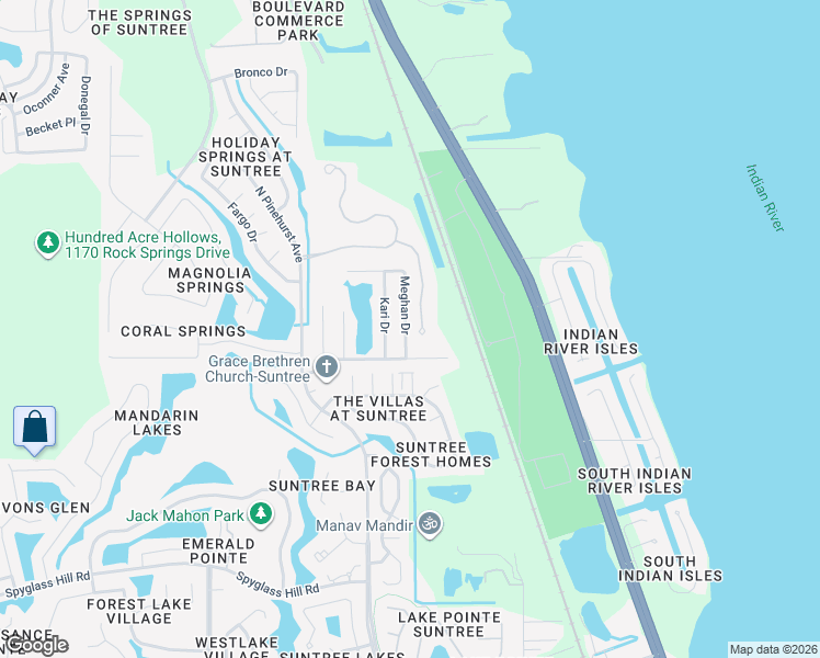 map of restaurants, bars, coffee shops, grocery stores, and more near 6143 Meghan Drive in Melbourne