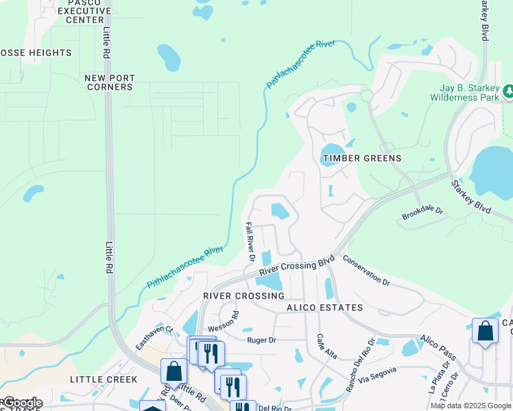 map of restaurants, bars, coffee shops, grocery stores, and more near 6010 Fall River Drive in New Port Richey