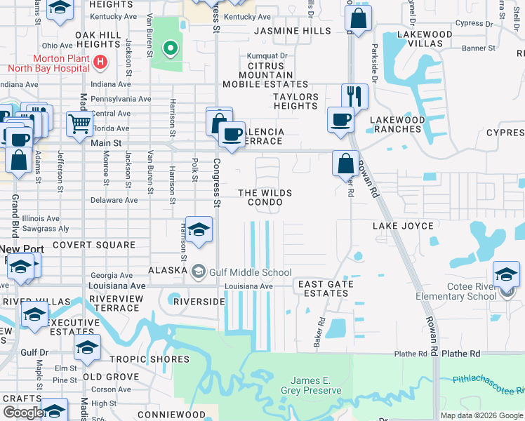map of restaurants, bars, coffee shops, grocery stores, and more near 6705 Hickorywood Lane in New Port Richey