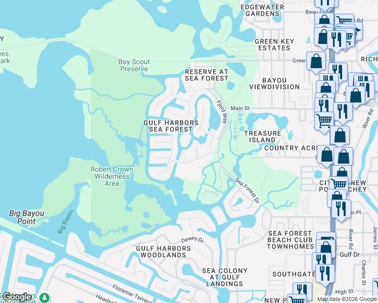 map of restaurants, bars, coffee shops, grocery stores, and more near 6029 Bayway Court in New Port Richey