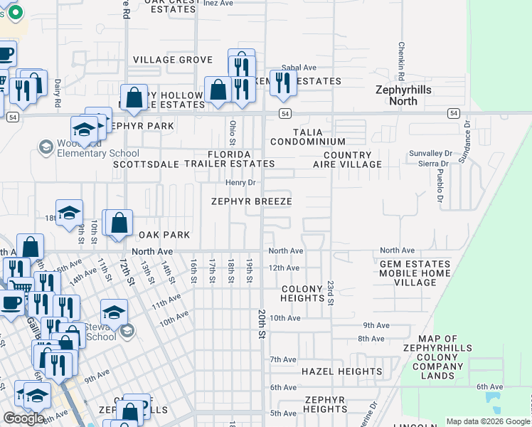 map of restaurants, bars, coffee shops, grocery stores, and more near 39087 Heritage Circle in Zephyrhills