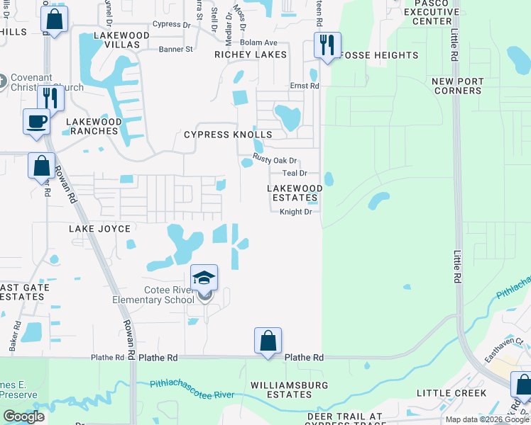 map of restaurants, bars, coffee shops, grocery stores, and more near 6017 Broken Arrow Drive in New Port Richey