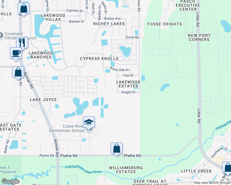 map of restaurants, bars, coffee shops, grocery stores, and more near 6017 Broken Arrow Drive in New Port Richey