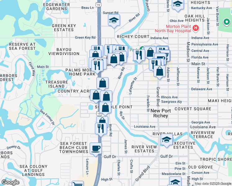 map of restaurants, bars, coffee shops, grocery stores, and more near 5433 Illinois Avenue in New Port Richey