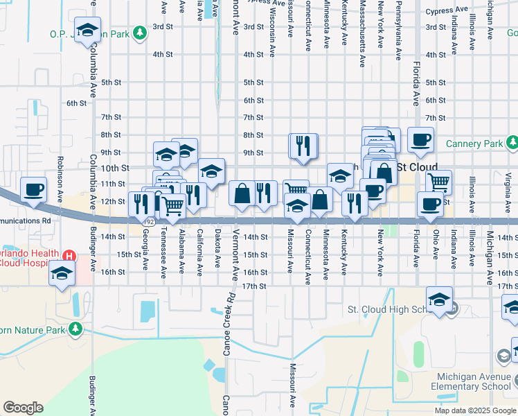 map of restaurants, bars, coffee shops, grocery stores, and more near 1207 Jersey Avenue in St. Cloud