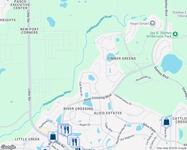 map of restaurants, bars, coffee shops, grocery stores, and more near 6088 Fall River Drive in New Port Richey