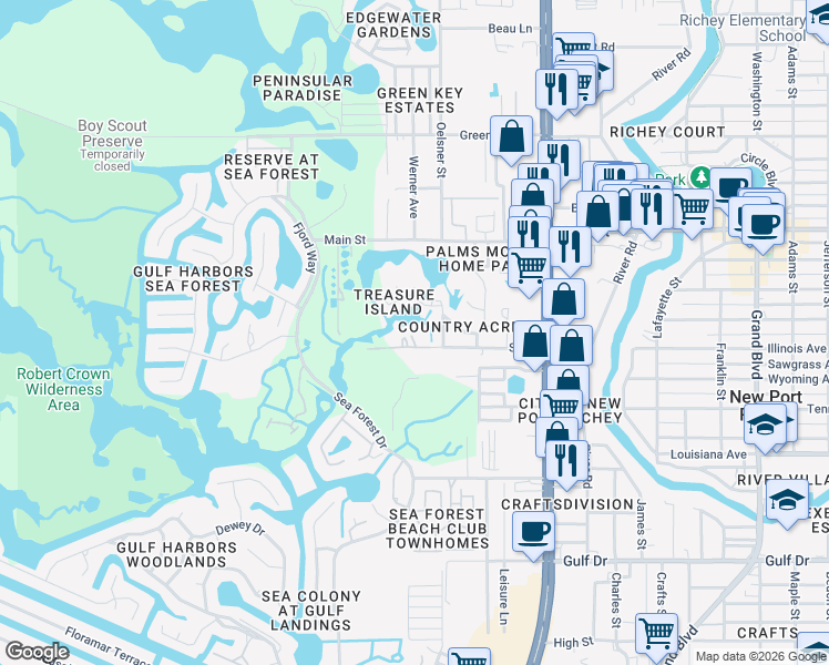 map of restaurants, bars, coffee shops, grocery stores, and more near 4915 South Road in New Port Richey