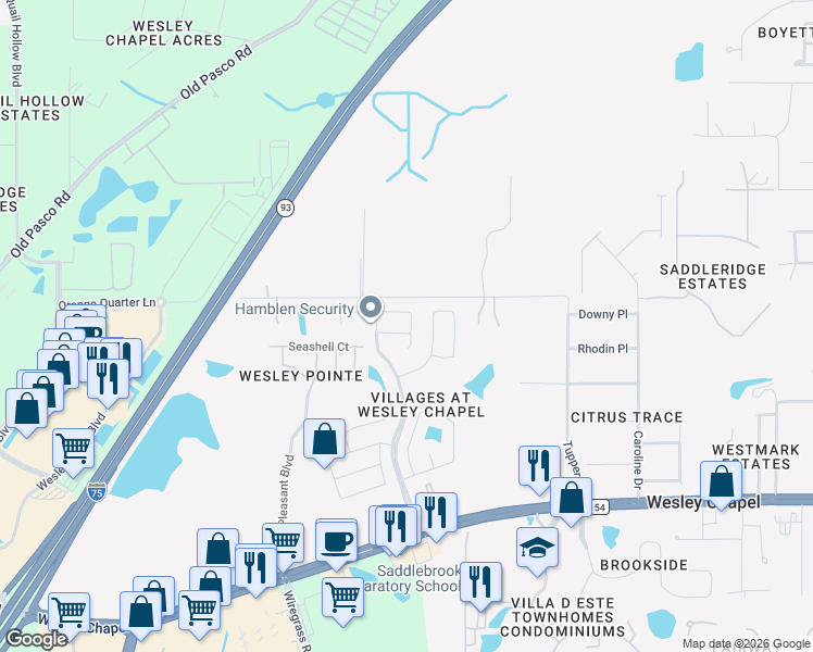 map of restaurants, bars, coffee shops, grocery stores, and more near 28829 Windover Street in Wesley Chapel