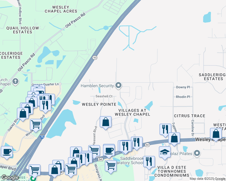 map of restaurants, bars, coffee shops, grocery stores, and more near 6341 Ashfield Place in Wesley Chapel