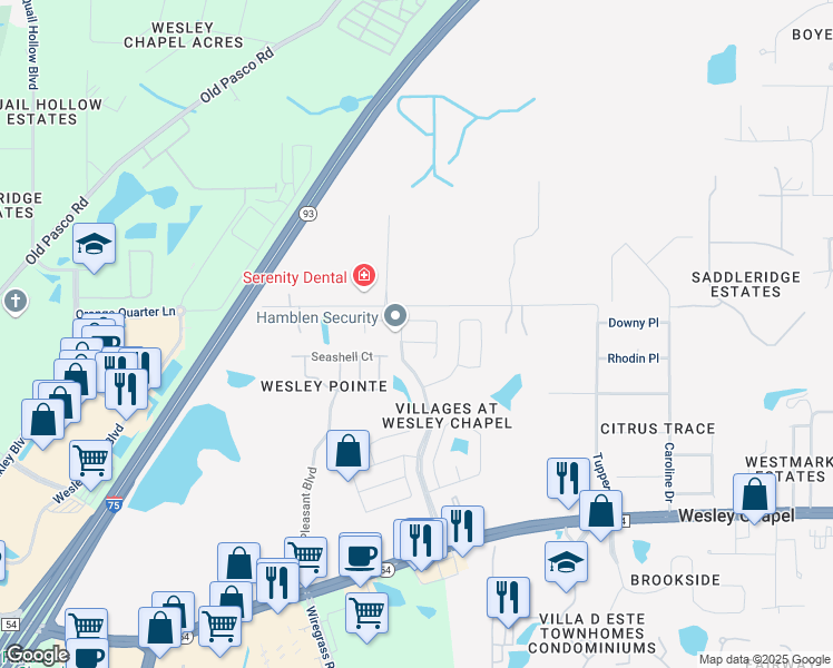 map of restaurants, bars, coffee shops, grocery stores, and more near 28809 Windover Street in Wesley Chapel