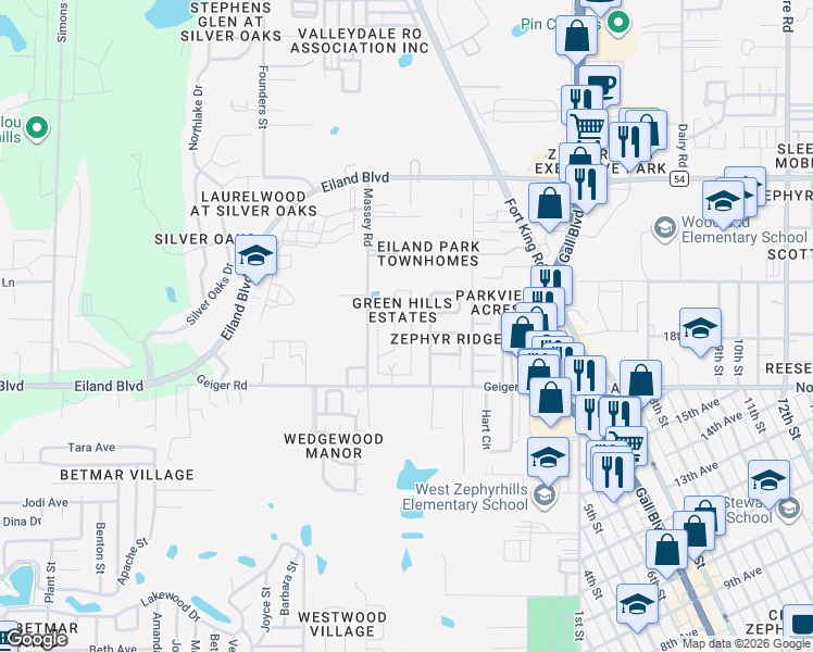 map of restaurants, bars, coffee shops, grocery stores, and more near 6114 Crestview Lane in Zephyrhills