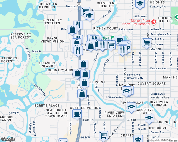 map of restaurants, bars, coffee shops, grocery stores, and more near 6035 River Road in Port Richey