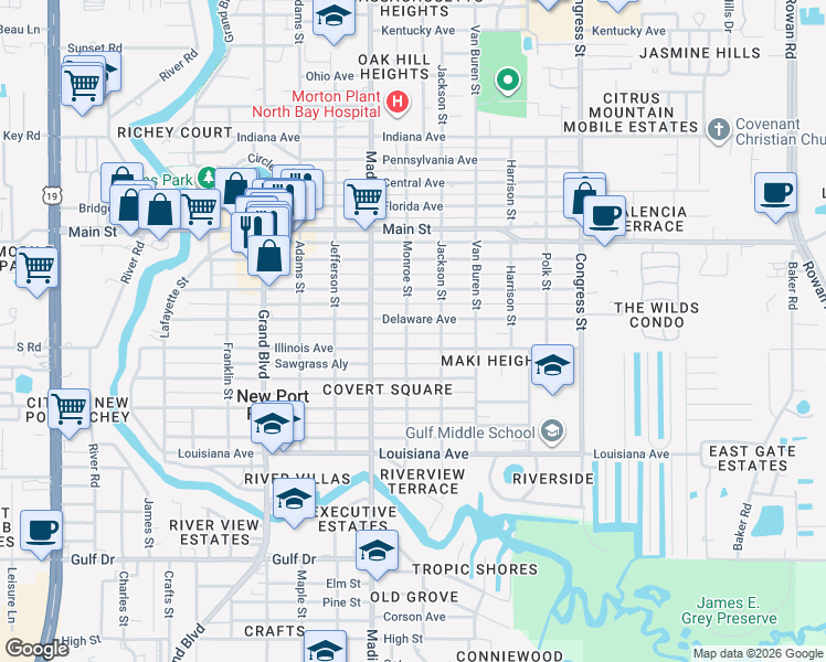 map of restaurants, bars, coffee shops, grocery stores, and more near 6015 Monroe Street in New Port Richey