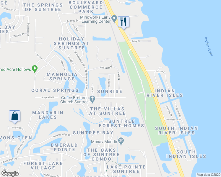 map of restaurants, bars, coffee shops, grocery stores, and more near 6169 Kari Drive in Melbourne