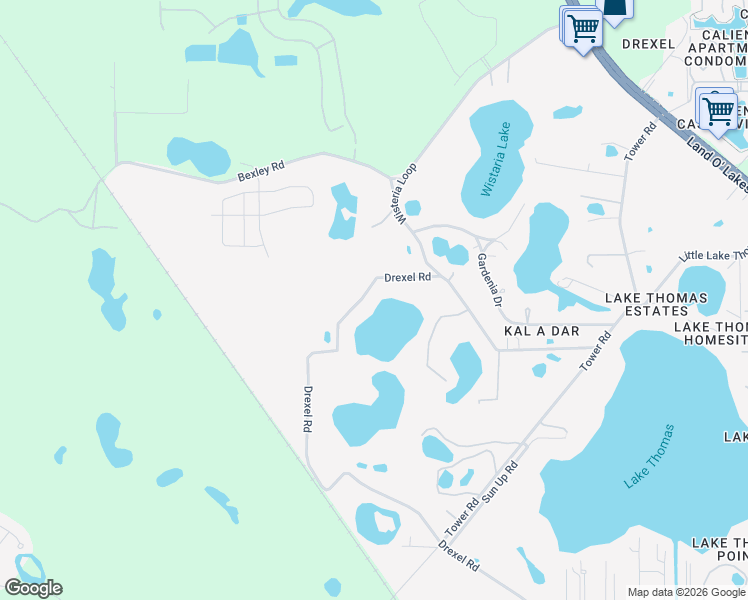 map of restaurants, bars, coffee shops, grocery stores, and more near 6150 Drexel Road in Land O' Lakes