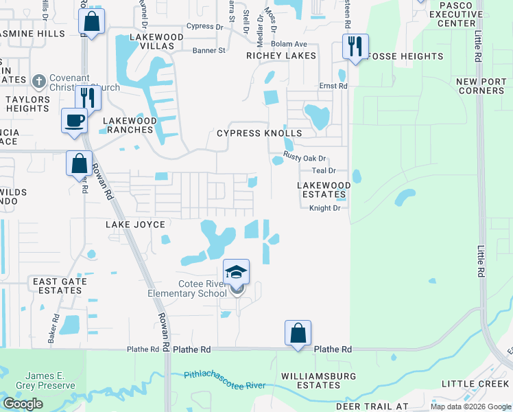 map of restaurants, bars, coffee shops, grocery stores, and more near La Paz Court in New Port Richey