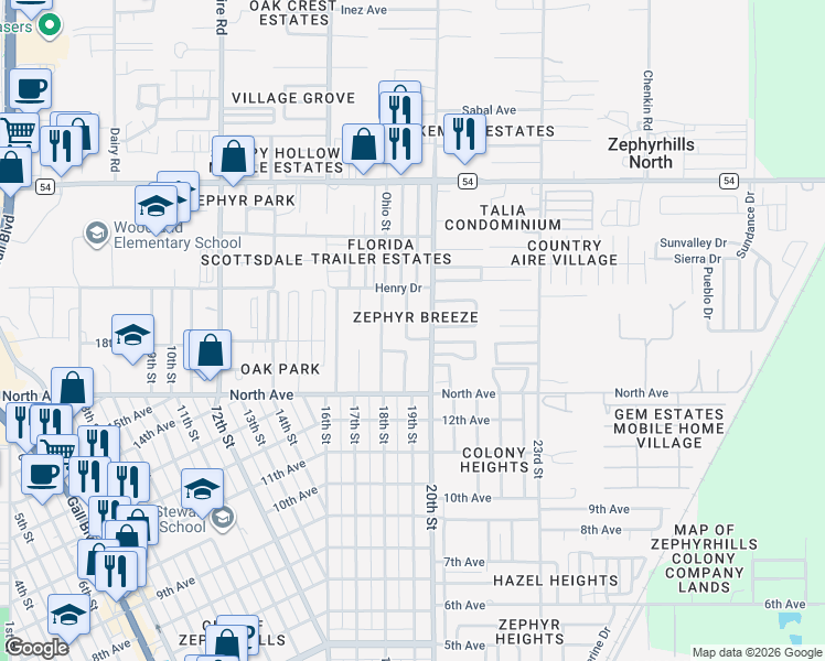 map of restaurants, bars, coffee shops, grocery stores, and more near 6124 19th Street in Zephyrhills