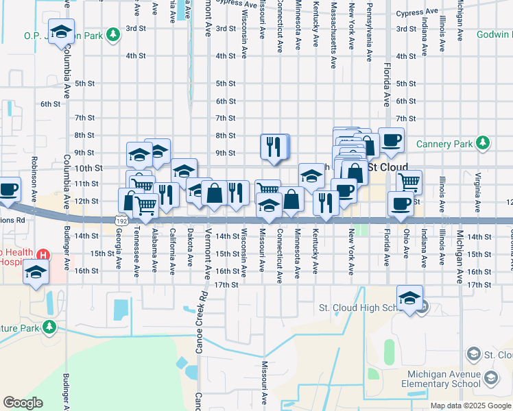 map of restaurants, bars, coffee shops, grocery stores, and more near 1810 13th Street in St. Cloud