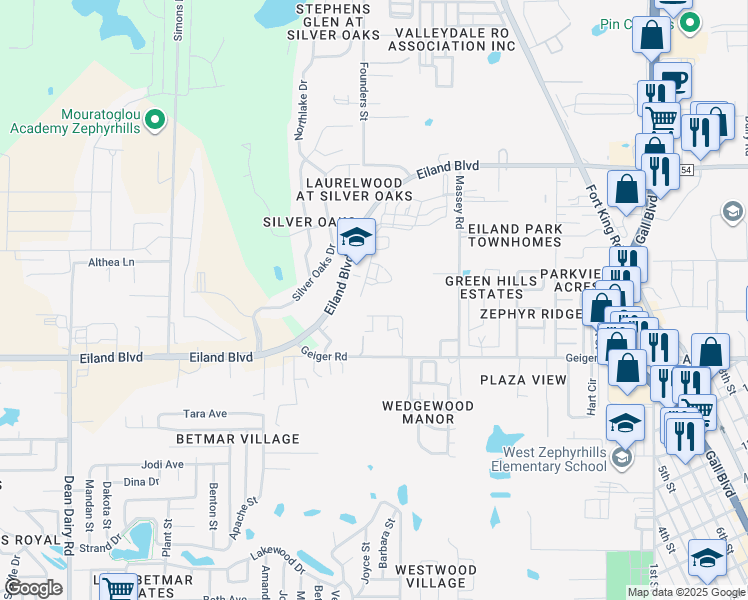 map of restaurants, bars, coffee shops, grocery stores, and more near 37245 Hannah Lane in Zephyrhills