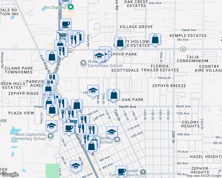 map of restaurants, bars, coffee shops, grocery stores, and more near 6124 11th Street in Zephyrhills