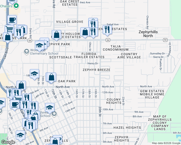 map of restaurants, bars, coffee shops, grocery stores, and more near 6124 18th Street in Zephyrhills