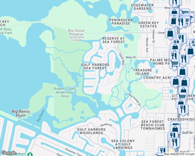map of restaurants, bars, coffee shops, grocery stores, and more near 4351 Seagull Drive in New Port Richey