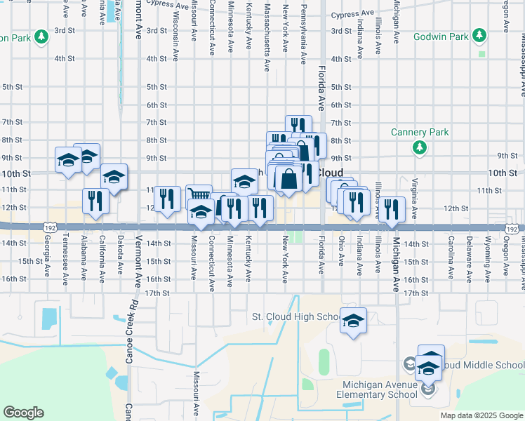 map of restaurants, bars, coffee shops, grocery stores, and more near 1200 Massachusetts Avenue in Saint Cloud