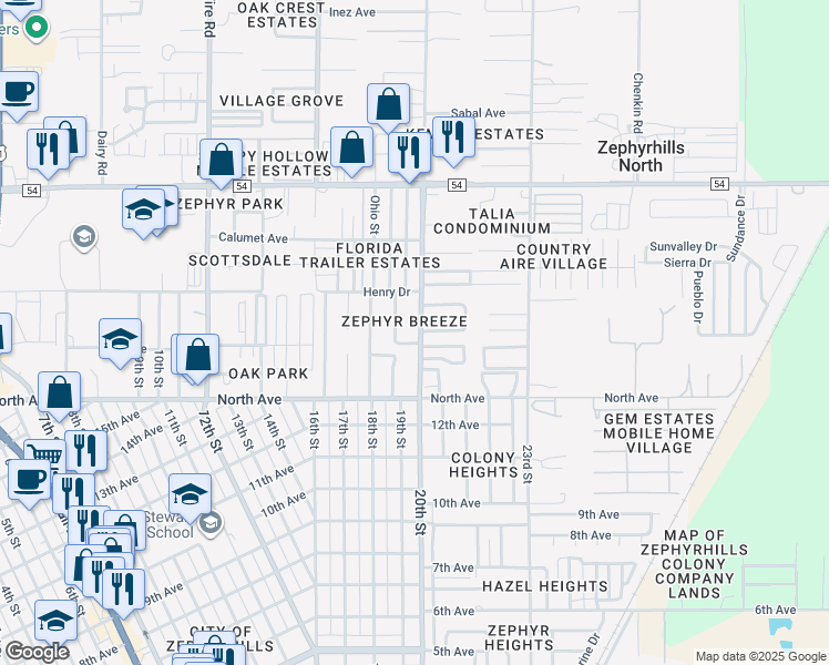 map of restaurants, bars, coffee shops, grocery stores, and more near 6129 20th Street in Zephyrhills