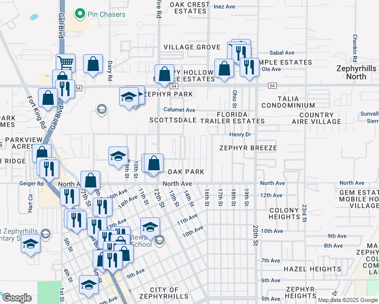 map of restaurants, bars, coffee shops, grocery stores, and more near 6116 Linnet Street in Zephyrhills