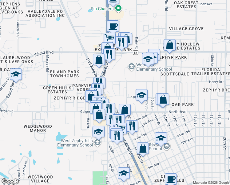 map of restaurants, bars, coffee shops, grocery stores, and more near 38121 North Avenue in Zephyrhills