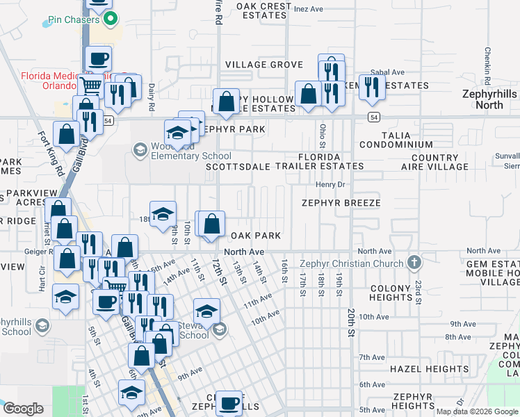 map of restaurants, bars, coffee shops, grocery stores, and more near 6116 Linnet Street in Zephyrhills