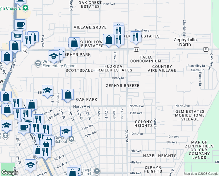 map of restaurants, bars, coffee shops, grocery stores, and more near 6130 17th Street in Zephyrhills