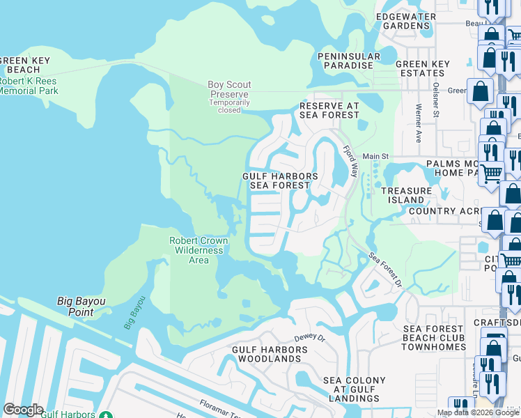 map of restaurants, bars, coffee shops, grocery stores, and more near 4320 Sanddollar Court in New Port Richey
