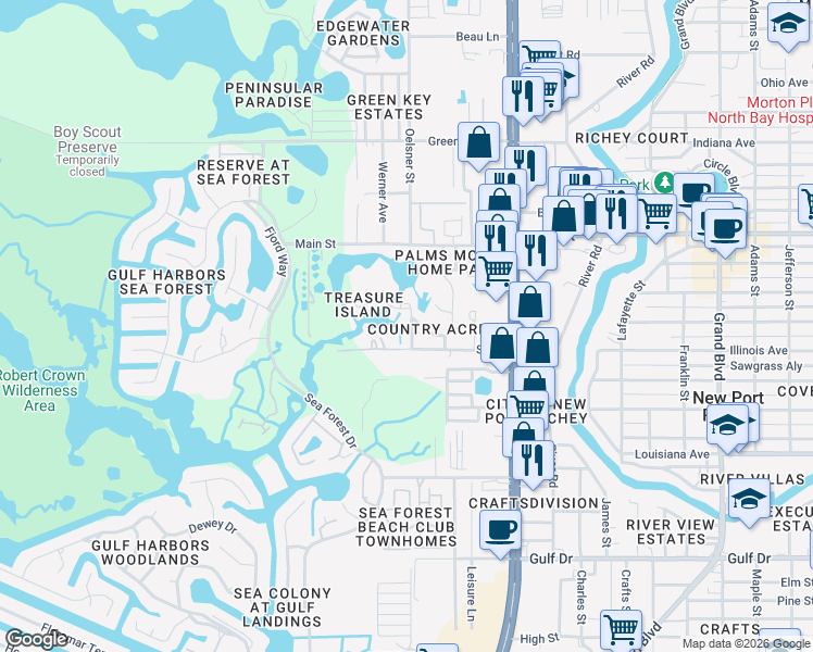 map of restaurants, bars, coffee shops, grocery stores, and more near 6035 Fiscal Drive in New Port Richey