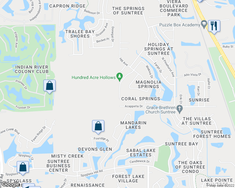 map of restaurants, bars, coffee shops, grocery stores, and more near 1352-1398 Rock Springs Dr in Melbourne