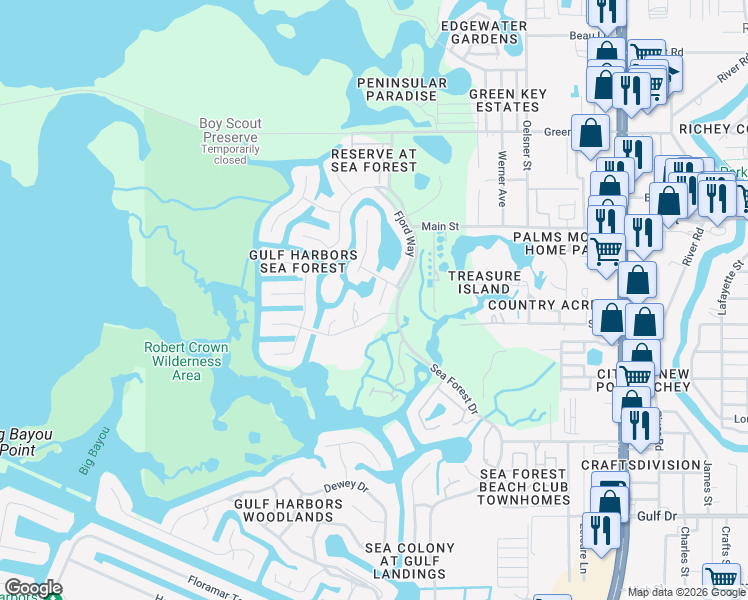 map of restaurants, bars, coffee shops, grocery stores, and more near 6031 Randan Court in New Port Richey