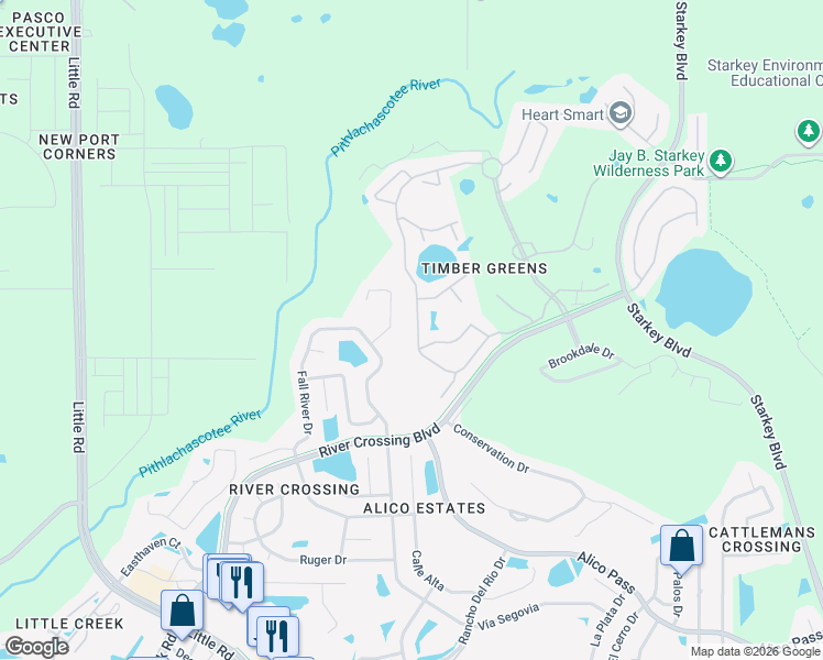 map of restaurants, bars, coffee shops, grocery stores, and more near 6000 Redhawk Drive in New Port Richey