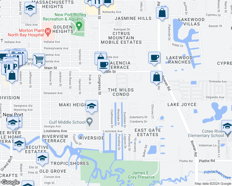 map of restaurants, bars, coffee shops, grocery stores, and more near 6033 Elmhurst Drive in New Port Richey