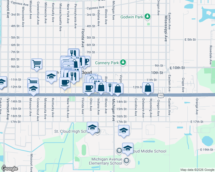 map of restaurants, bars, coffee shops, grocery stores, and more near 1215 Illinois Avenue in St. Cloud