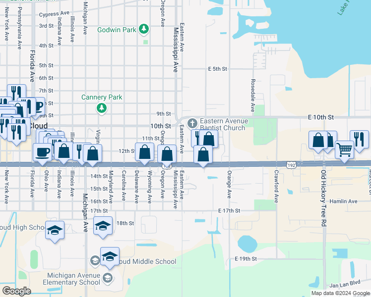 map of restaurants, bars, coffee shops, grocery stores, and more near 6 East 12th Street in Saint Cloud