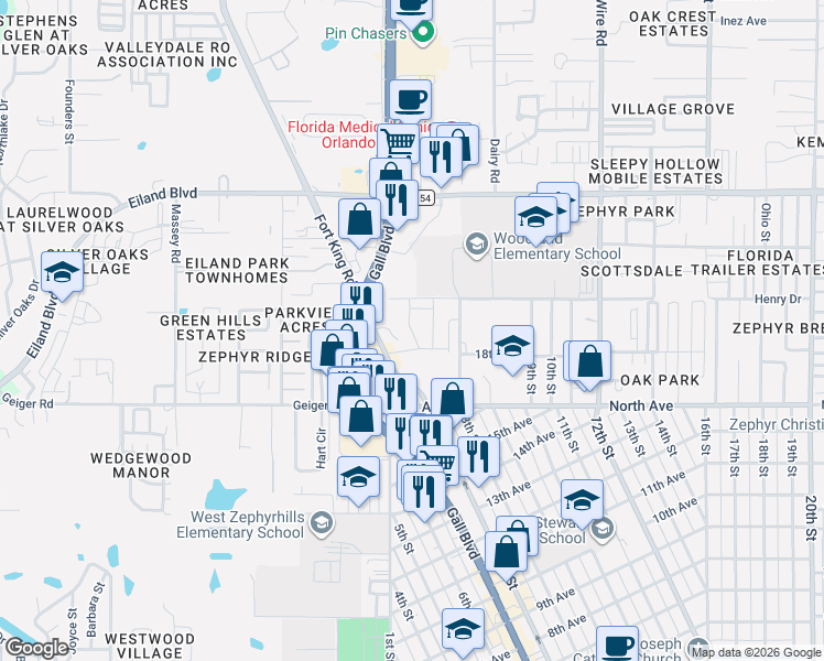 map of restaurants, bars, coffee shops, grocery stores, and more near 6122 Fort King Rd in Zephyrhills