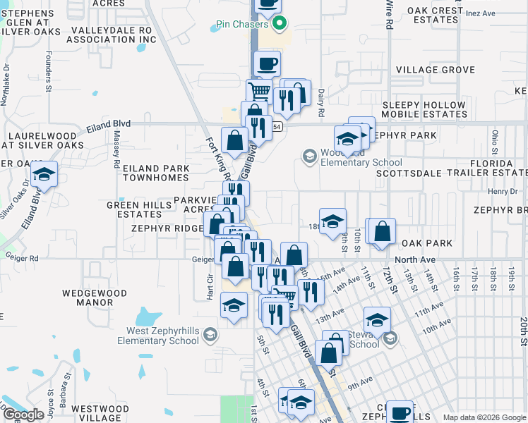map of restaurants, bars, coffee shops, grocery stores, and more near 6122 Fort King Rd in Zephyrhills