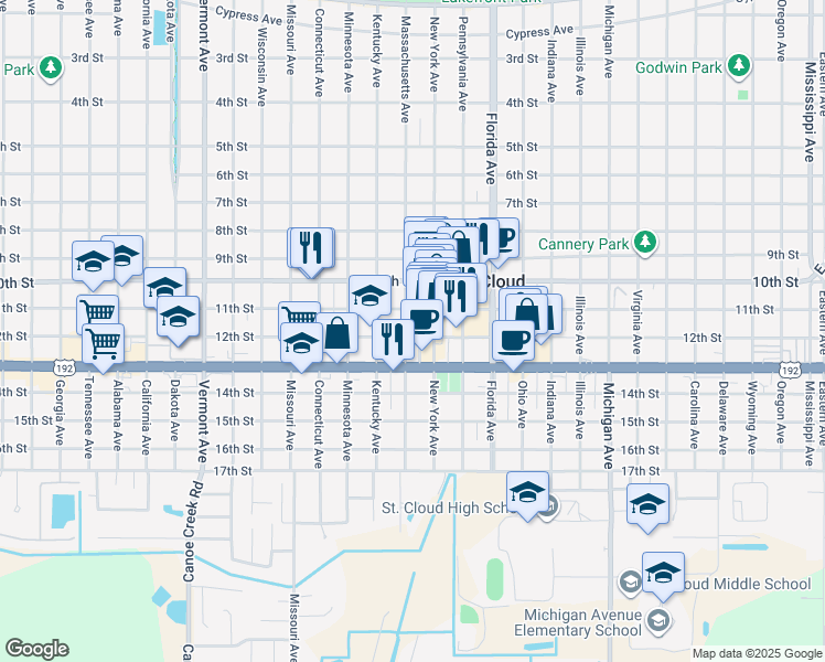 map of restaurants, bars, coffee shops, grocery stores, and more near 1214 Massachusetts Avenue in St. Cloud